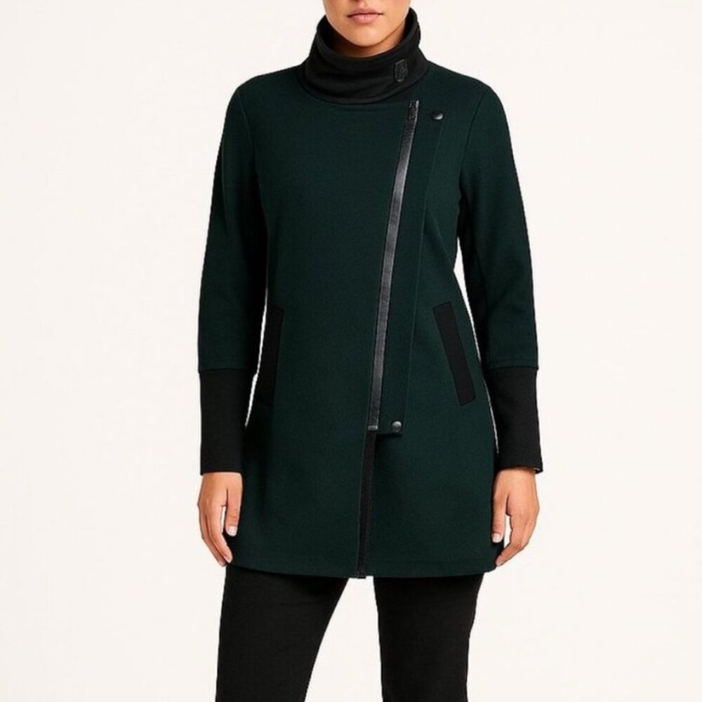 Cabi Renaissance Stretch Faux Leather Trim Coat Small Green Black Classic